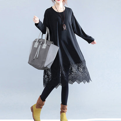 Fine Black Cotton Dresses Casual Cotton Clothing Dresses Fine Lace Ruffles Long Sleeve Cotton Dresses