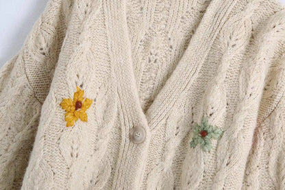 V-Neck long sleeve floral embroidery loose knit coat  7727
