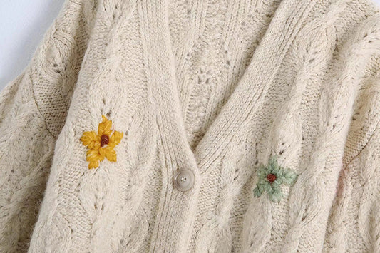 V-Neck long sleeve floral embroidery loose knit coat  7727
