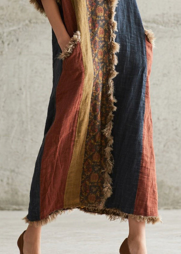 Women Colorblock Oversized Patchwork Faux Fur Maxi Dresses Half Sleeve
