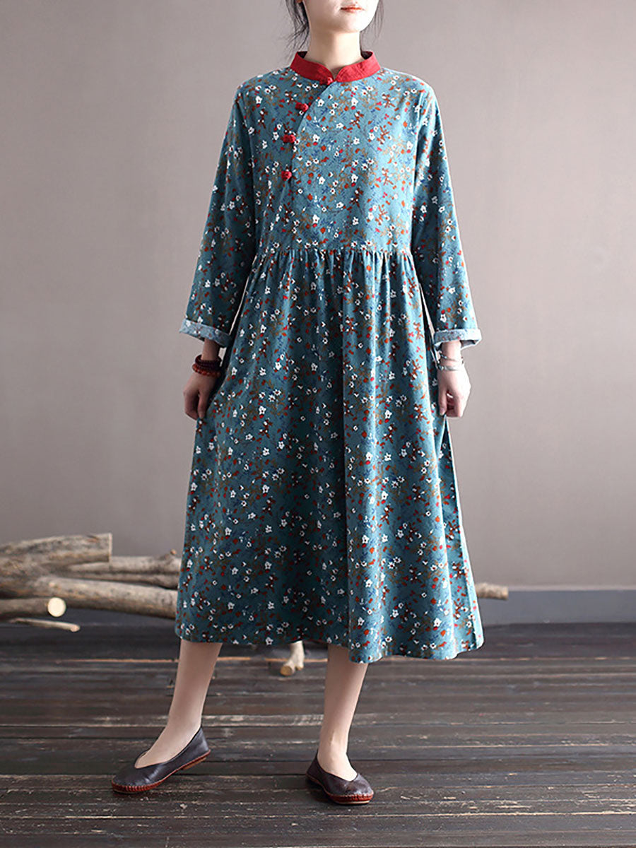 Women Spring National Style Floral Frog Loose Dress