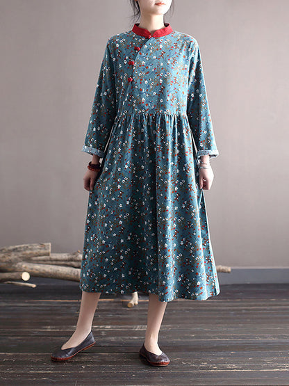 Women Spring National Style Floral Frog Loose Dress
