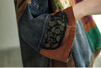 Vintage Plus Size Print Denim Panel Doll Sleeve T-Shirt