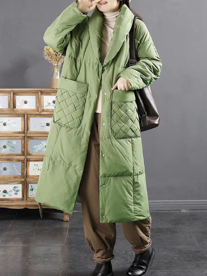 Women Winter Vintage Solid Drawstring Pocket Down Coat