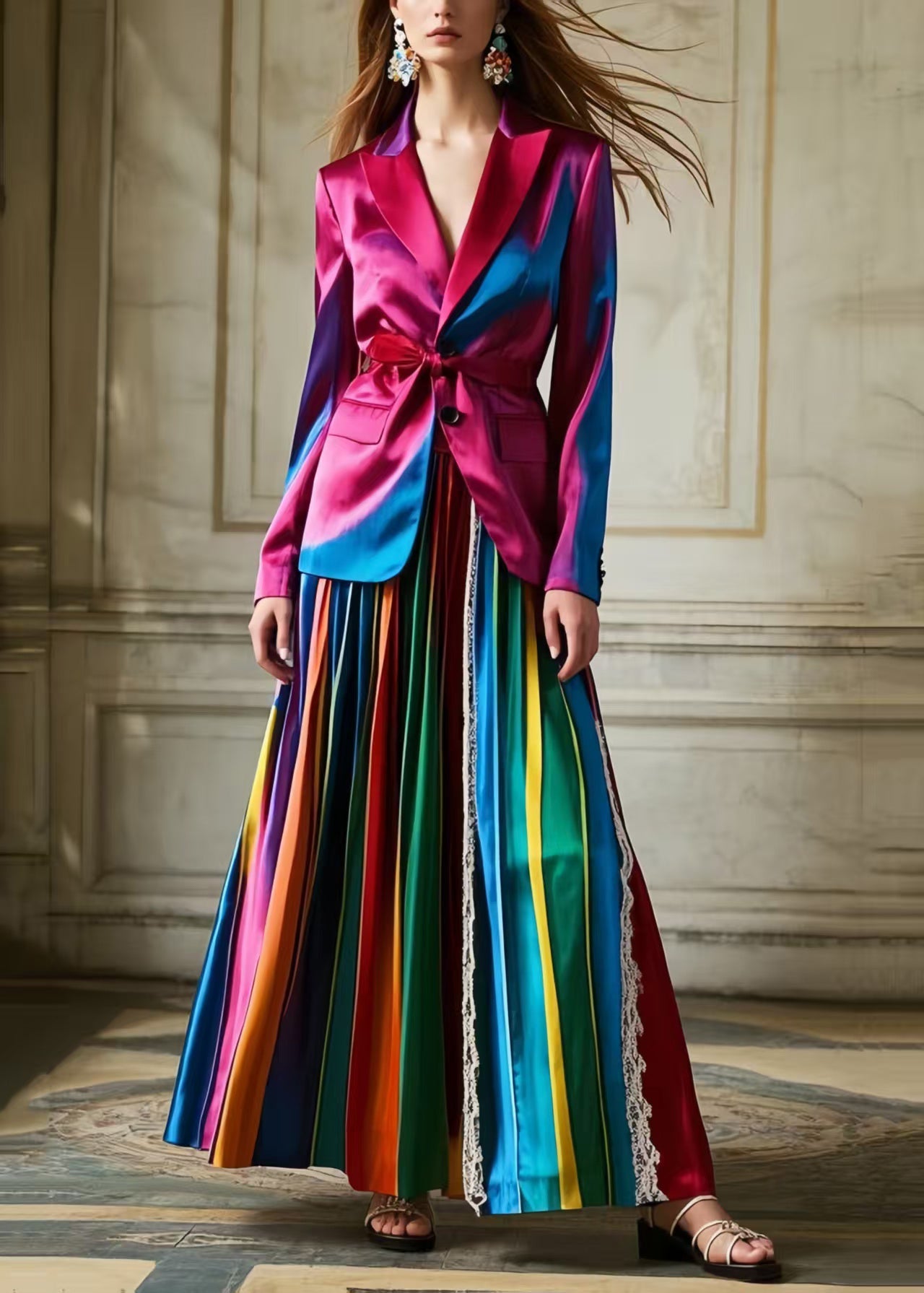 Bohemian Polychrome Striped Patchwork Lace Silk Pleated Skirt Spring