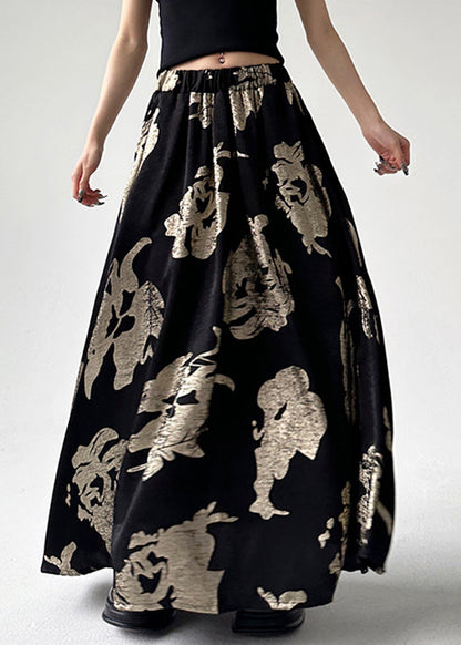 Chinese Style Black Print Elastic Waist A Line Skirts