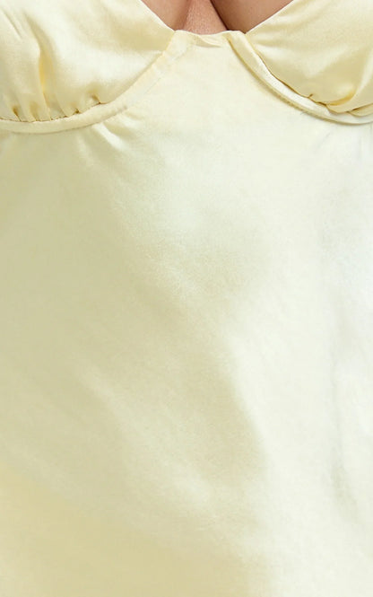 Heidi Maxi Dress - Satin Ruched Bust Tie Back Dress In Lemon
