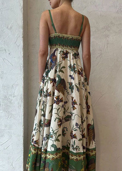 Women Green Print Pockets Patchwork Cotton Spaghetti Strap Dress Sleeveless
