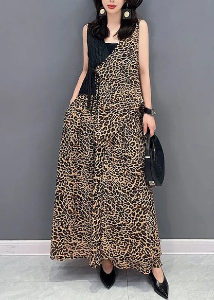 Elegant Leopard Tie Waist Top And Maxi Skirts Two Pieces Set Summer