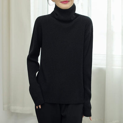 Women Solid Stripe Knitted Turtleneck Winter Sweater