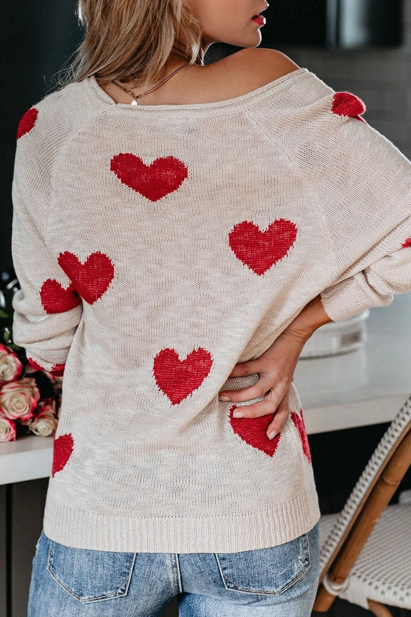Heart Print V-Neck Knitted Sweater