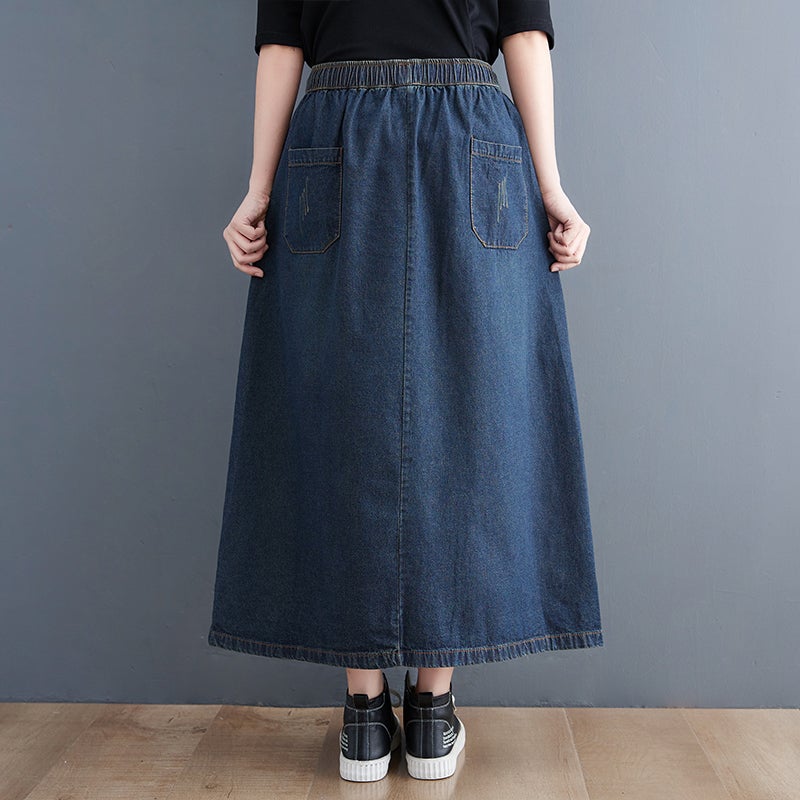 Retro Floral Embroidery Loose Denim Skirt