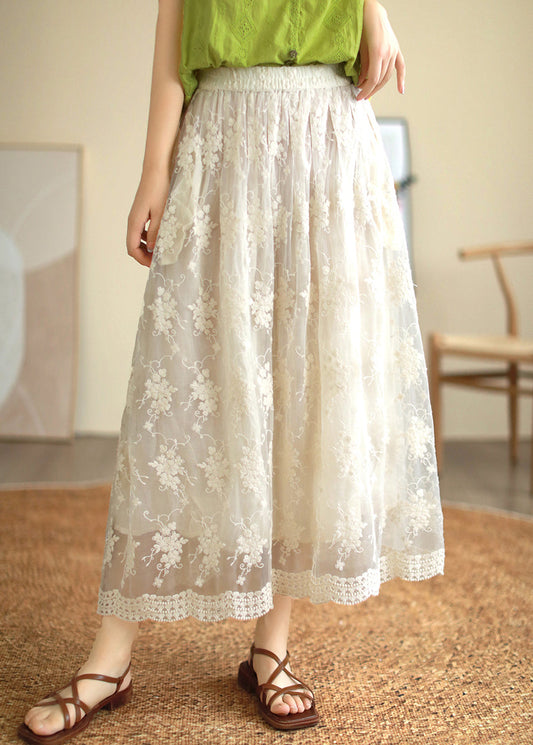 Cute White Embroidered Floral Lace Patchwork Tulle Pleated Skirt Summer