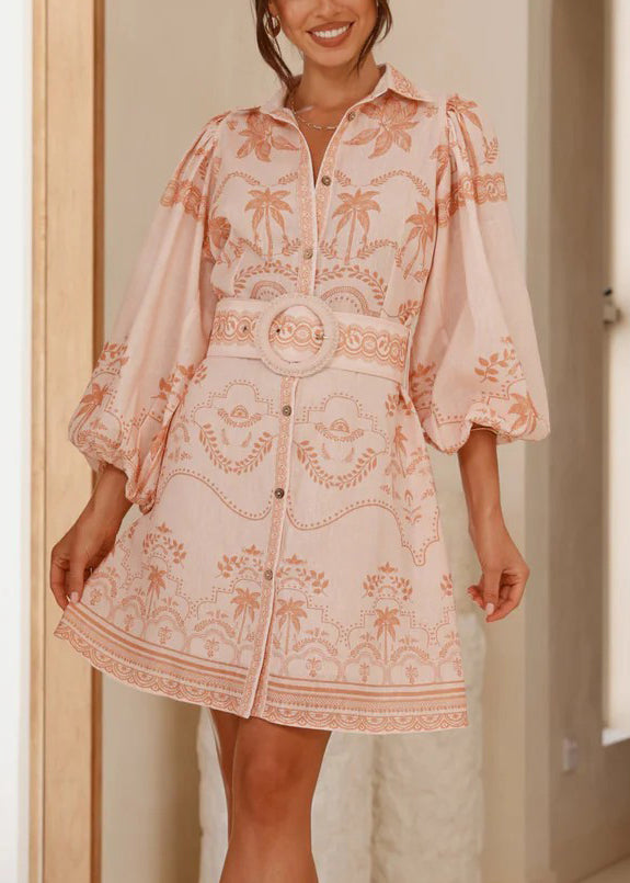 Classy Pink Peter Pan Collar Print Sashes Linen Shirts Dress Spring