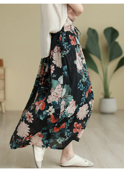 Literary Tencel Linen Print Slim A-Line Skirt