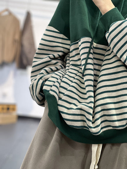 Contrast Stripe Fleece Drawstring Hooded Sweatshirt