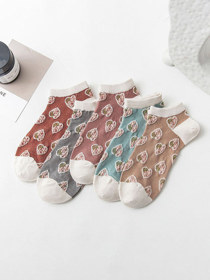 5 Pairs Women Pure Cotton Floral Vintage Boat Socks