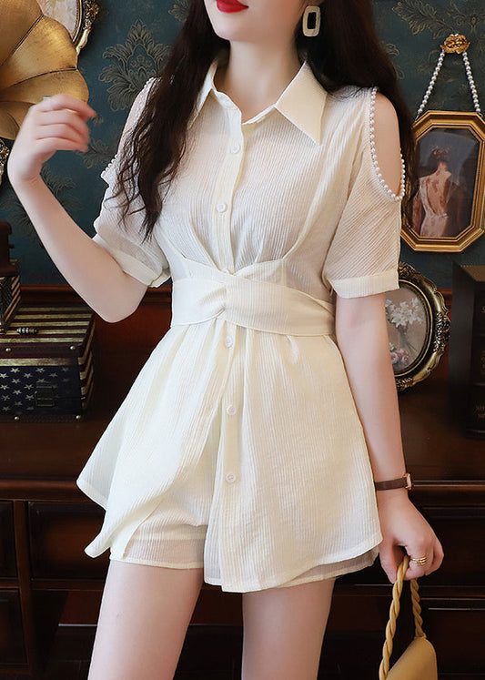 Elegant Beige Pearl Shirts And Shorts Cotton Two-Piece Set Summer