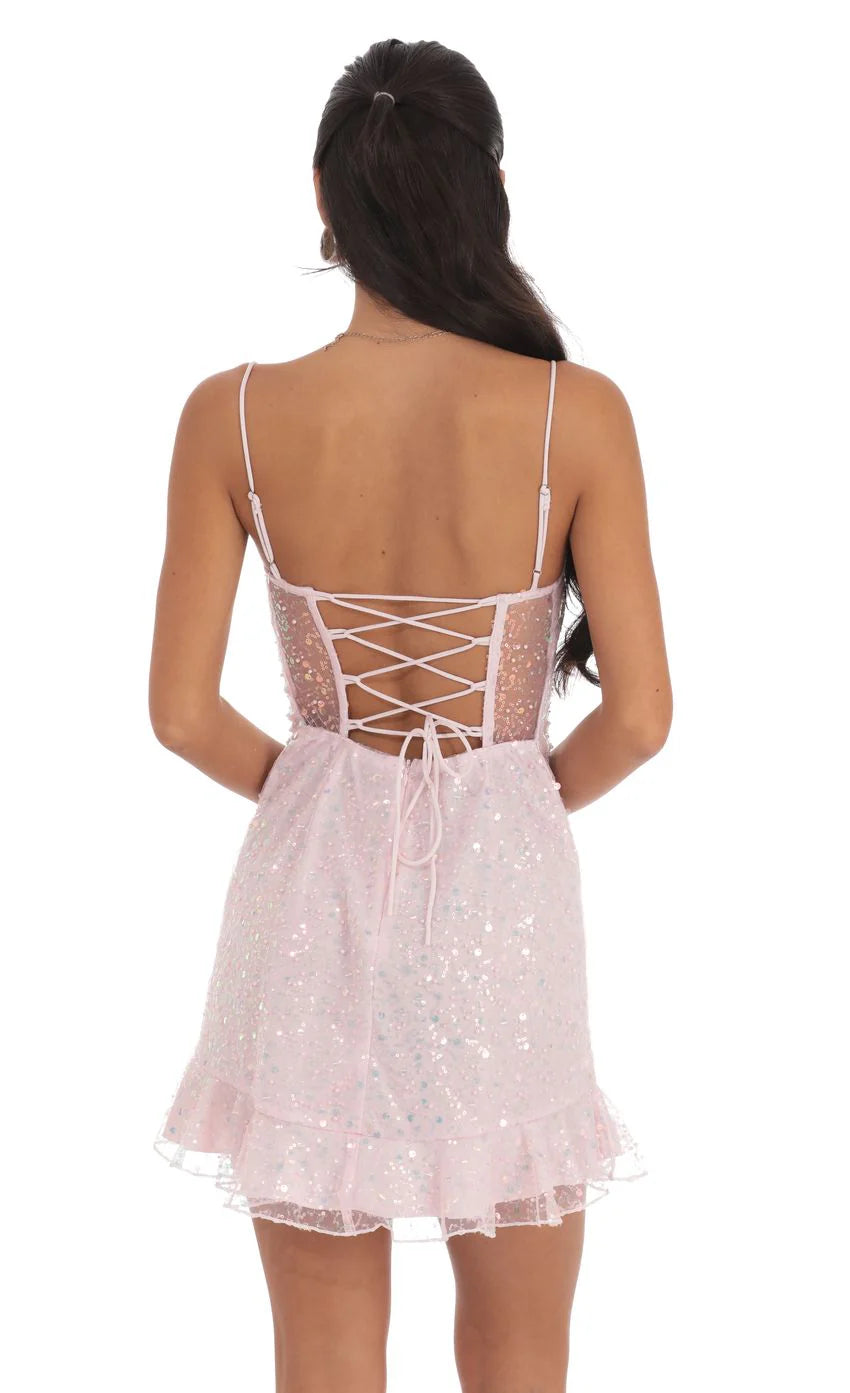 Sequin Ruffle Dress in Pale pale Pink