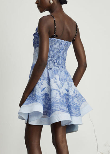 Elegant Blue Print Hollow Out Cotton Spaghetti Strap Dress Sleeveless