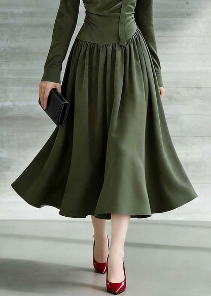 New Green Bow Wrinkled Solid Cotton Long Dresses Spring