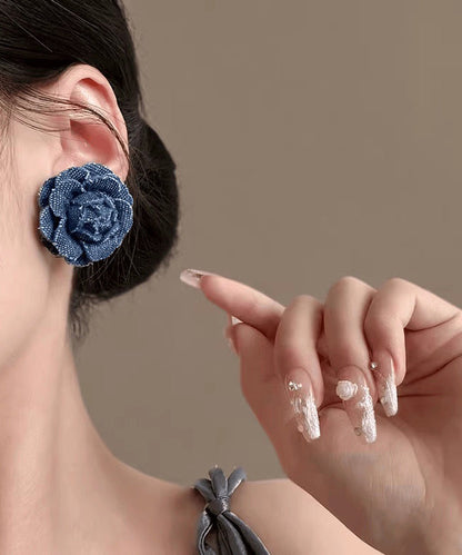 Vintage Denim Blue Sterling Silver Floral Stud Earrings