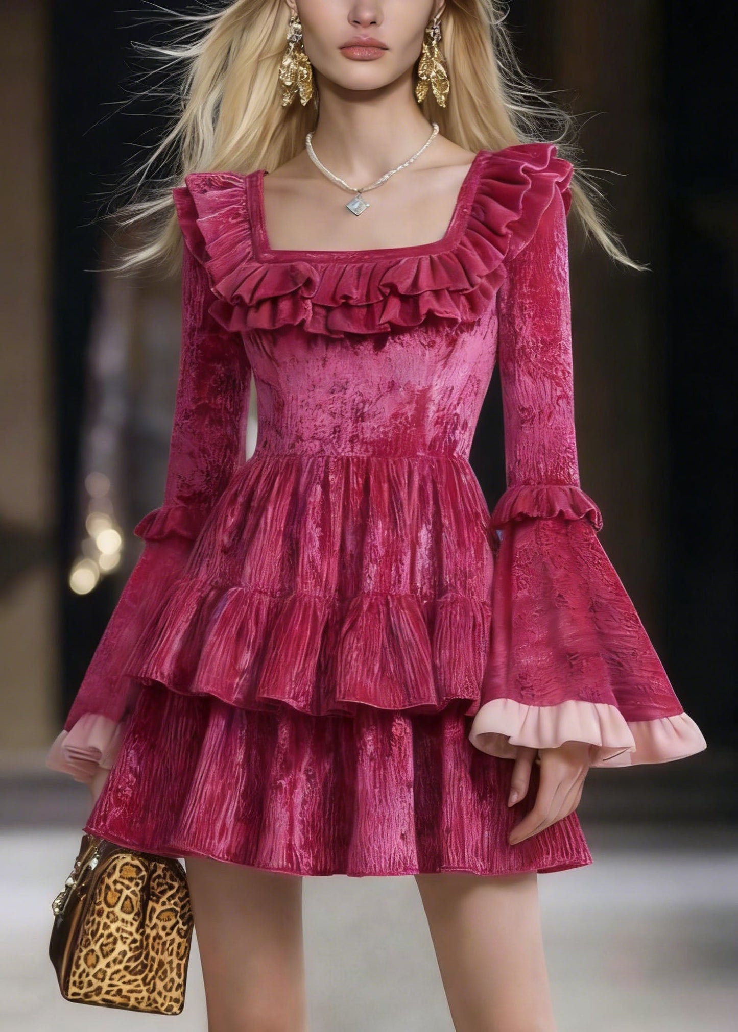 Cute Rose Square Collar Ruffled Patchwork Mini Dresses Flare Sleeve