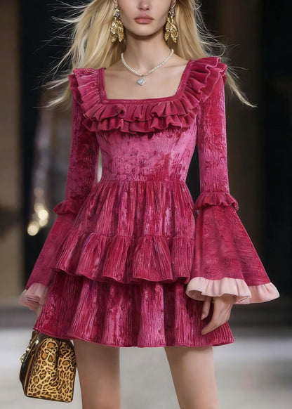 Cute Rose Square Collar Ruffled Patchwork Mini Dresses Flare Sleeve