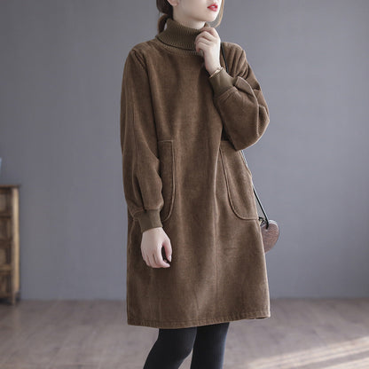 Corduroy Solid Color Plus Velvet Thick Loose Turtleneck Top