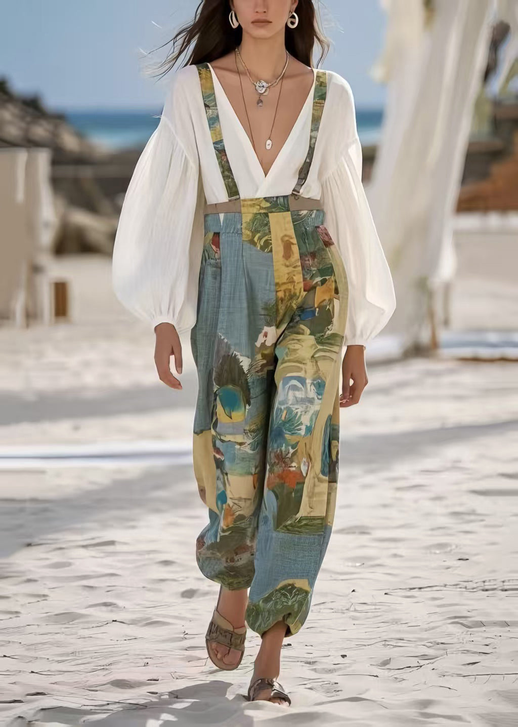 Vintage Sky Blue Print Oversized Cotton Jumpsuit Summer
