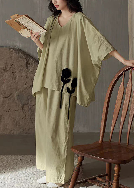 Green Solid T Shirt And Wide Leg Pants Cotton Two Piece Set V Neck Batwing Sleeve
