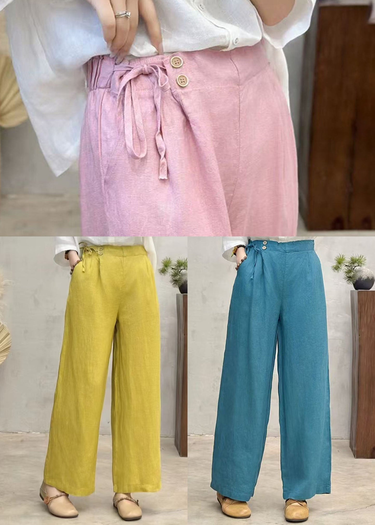 Fashion Pink Side Tie Waist Linen Pants Summer
