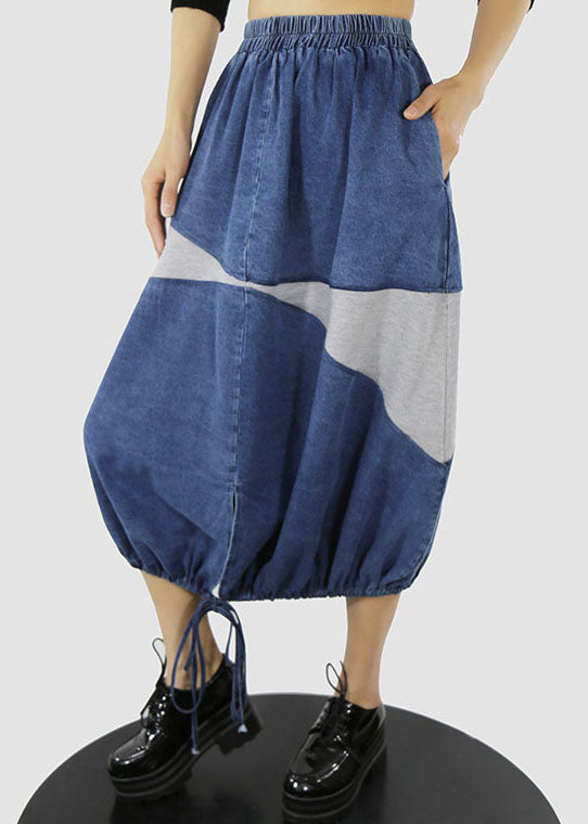 Women Blue white elastic waist drawstring Patchwork denim Skirt