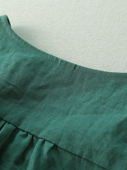 Pure Color V Neck Half Sleeve Casual Linen Tee Top