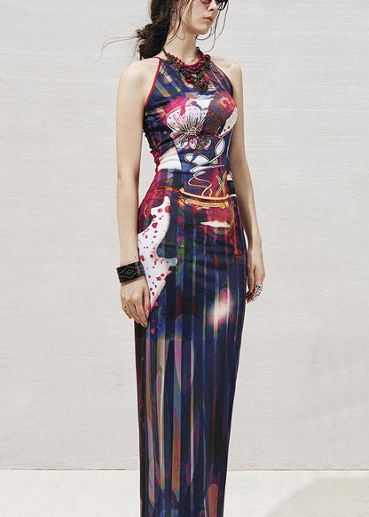 Slim Fit Navy Print Side Open Cotton Long Dresses Sleeveless