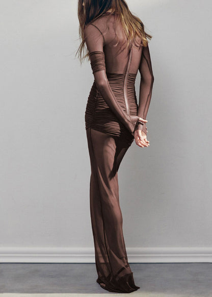 Sexy Apricot O-Neck Wrinkled Maxi Dresses Spring