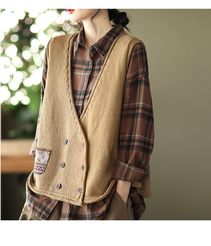 Vintage Knit Loose Double-Breasted Patch Vest