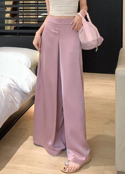 Simple Pink Solid High Waist Silk Wide Leg Pants Summer