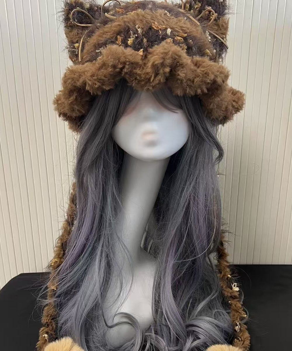 Cute Winter Knitted Patchwork Fuzzy Fur Thick Warm Hat