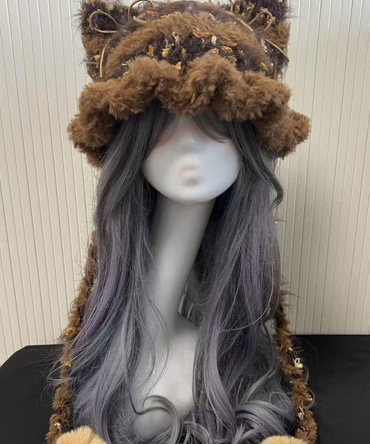 Cute Winter Knitted Patchwork Fuzzy Fur Thick Warm Hat