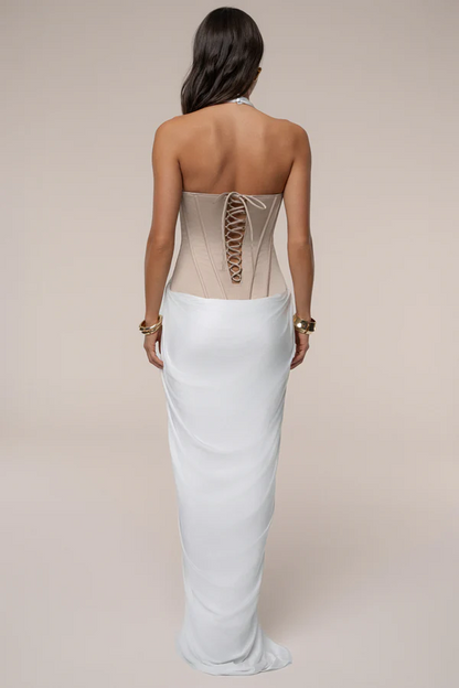 Sexy Sleeveless Halter Super Deep V Stitching Ruffle Dress