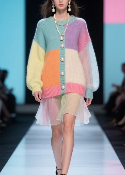 Plus Size Colorblock O Neck Tulle Patchwork Knit Dress Fall