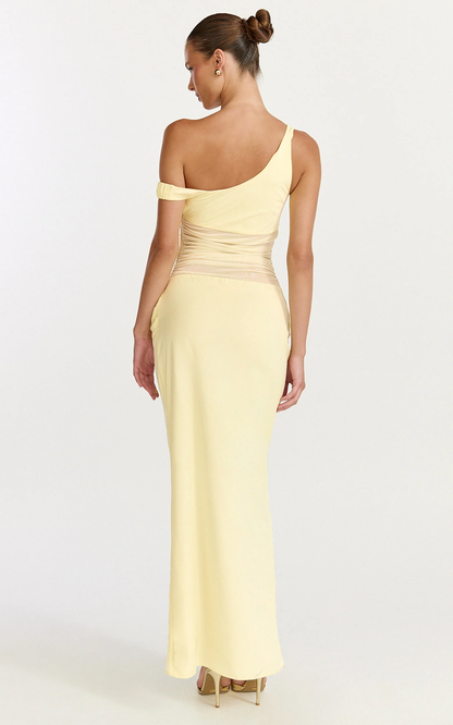 Pale Yellow Asymmetric Off-Shoulder Mesh Ruched Maxi Dress