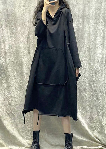 Fashion Coffee Hooded Ripped Patchwork Cotton Sweatshirts Dress Fall