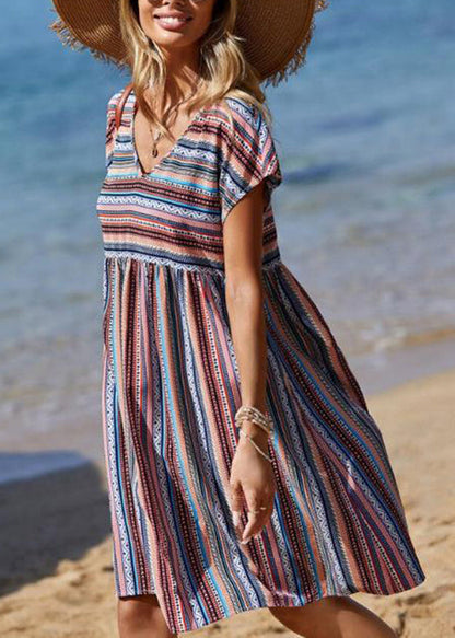 Bohemian Blue V Neck Striped Cotton Mid Dress Summer