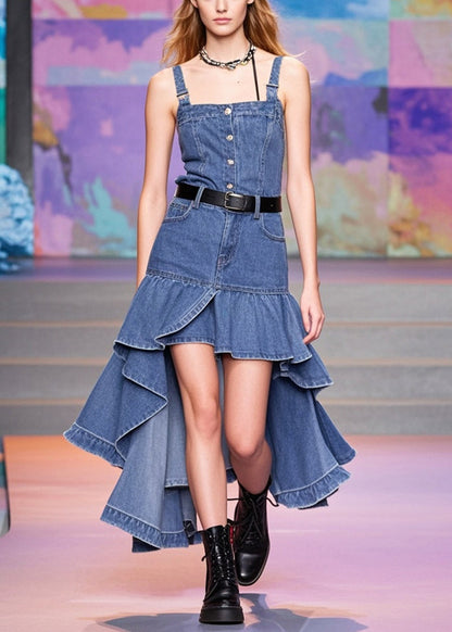 Fashion Blue Asymmetrical Patchwork Denim Wraped Skirts Spring