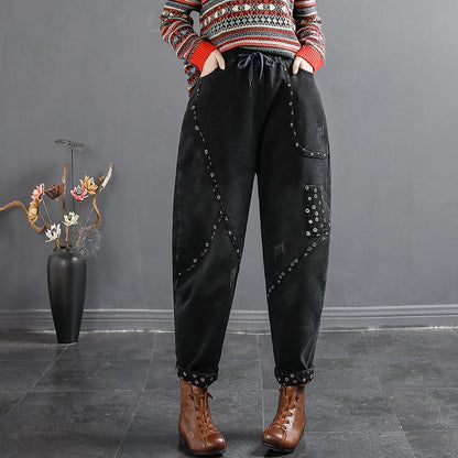 Autumn Winter Retro Floral Plush Resilient Cotton Jeans