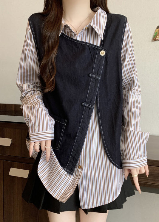 Plus Size Asymmetrical Striped Cotton Fake Two Piece Top Fall