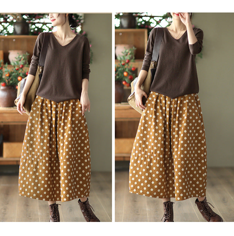 Vintage Printed Cotton And Linen Slim Elastic Waist A-Line Skirt