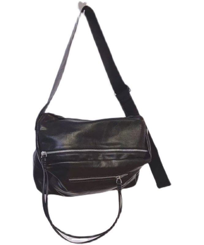 Casual Black Zippered Solid Durable Faux Leather Messenger Bag